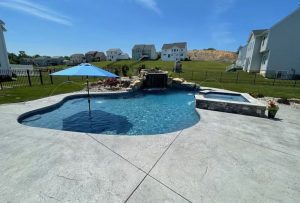 Resurfaced concrete pool deck with textured slip-resistant finish