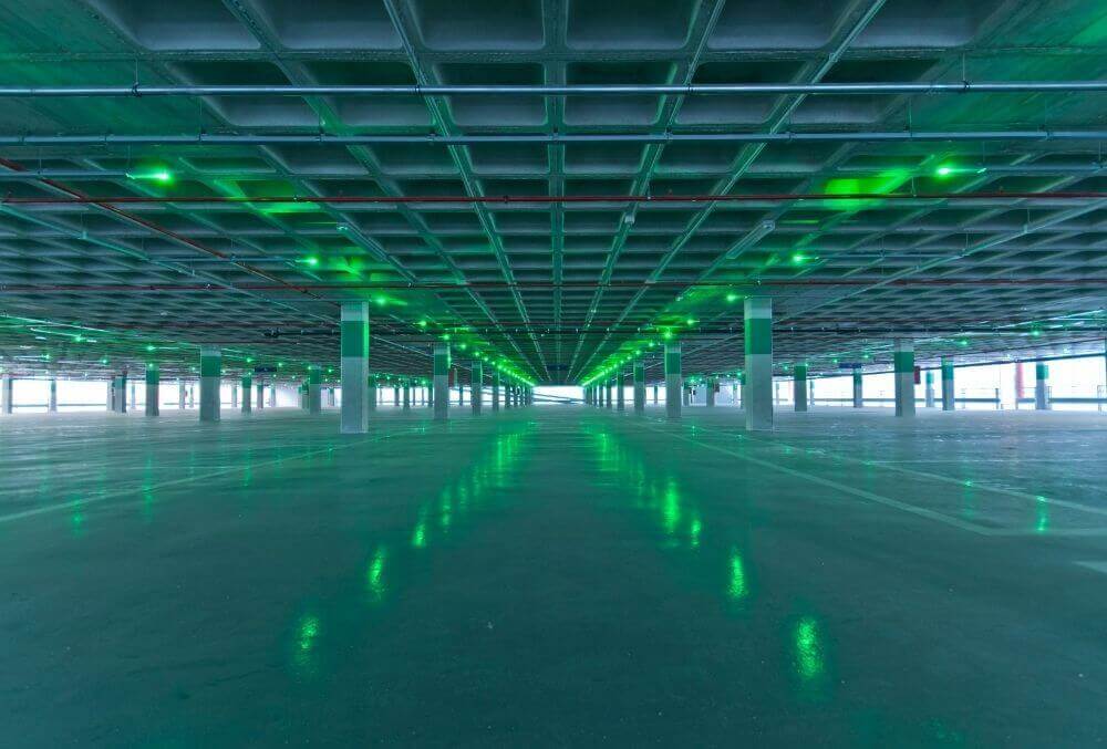 Green LED lights in a commercial garage