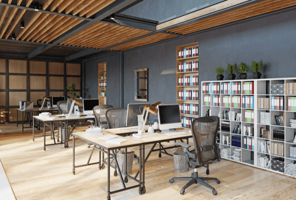 office with vinyl floorings, books and office chairs and tables