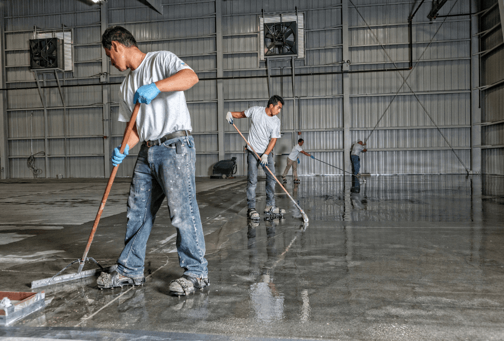 men applying epoxy on the floor with roller