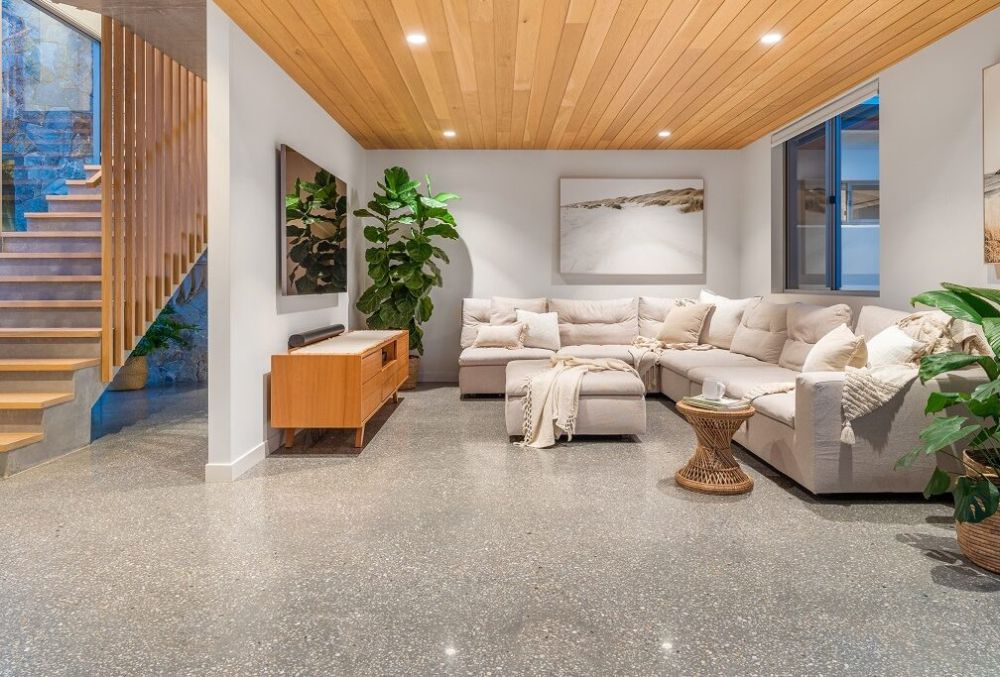 polished concrete flooring in the living room area