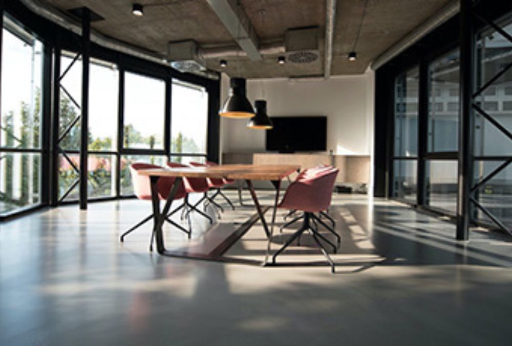Modern office interior with polished concrete flooring