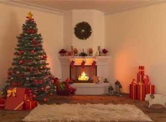 Christmas tree and white carpet in front of fireplace