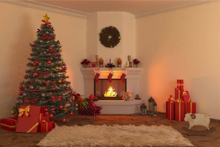 Christmas tree and white carpet in front of fireplace