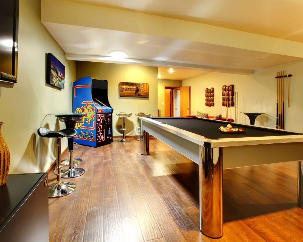 basement-game-room pool table in a gaming room basement