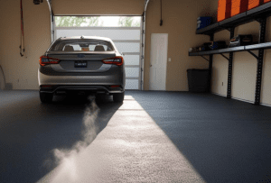 Gray car on anti-slip garage floor with tools and shelves