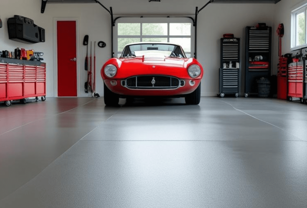 Red classic car on coated garage floor with tools and cabinets