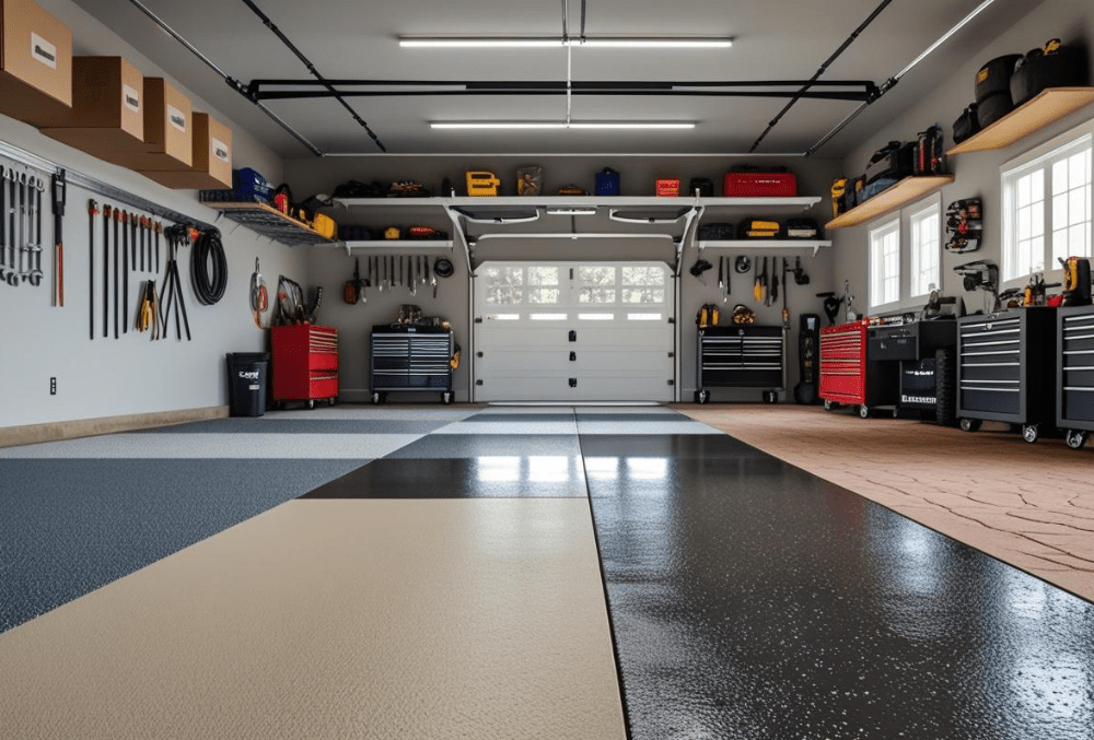 Multiple anti-slip garage floor types with tools, cabinets, and shelves