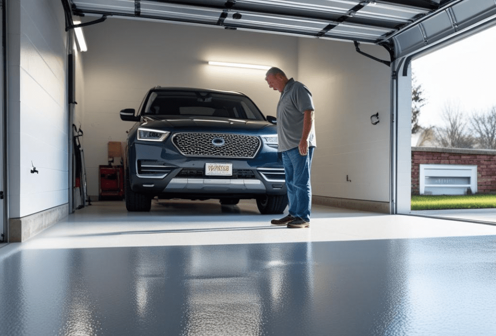 Man inspecting coated garage floor with parked SUV and outdoor view