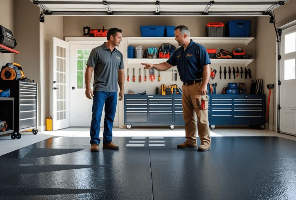 Contractor explaining slip-resistant garage flooring to homeowner, tools in background