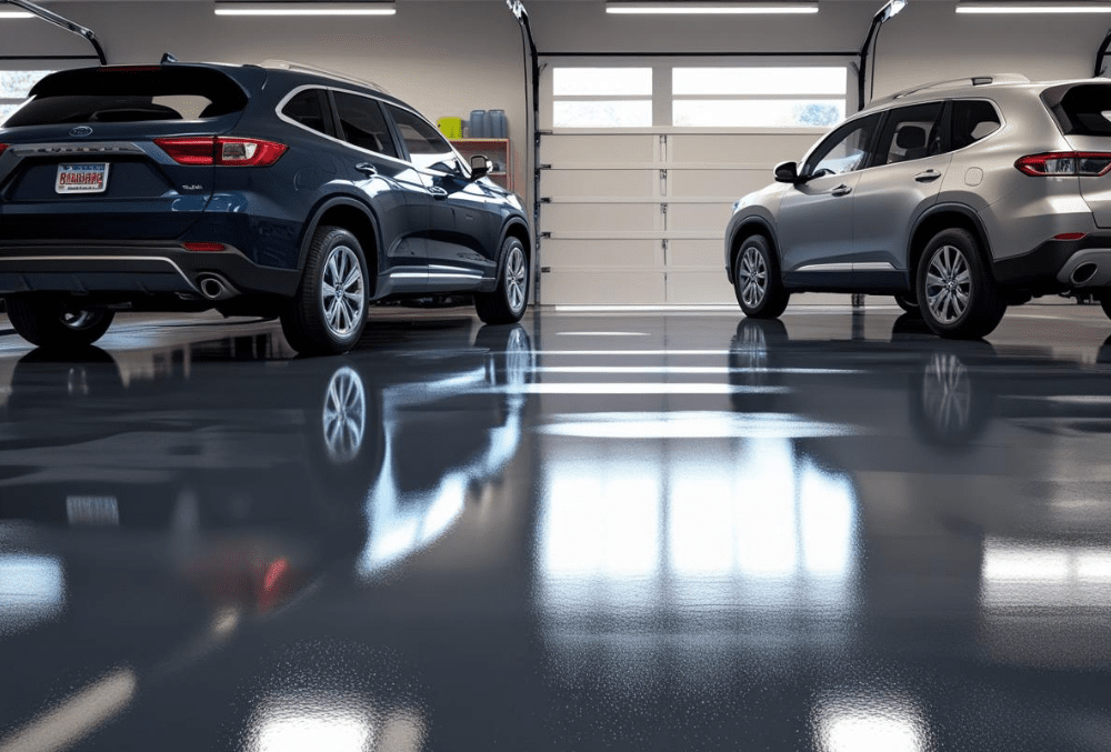 Two SUVs parked on glossy epoxy anti-slip garage flooring