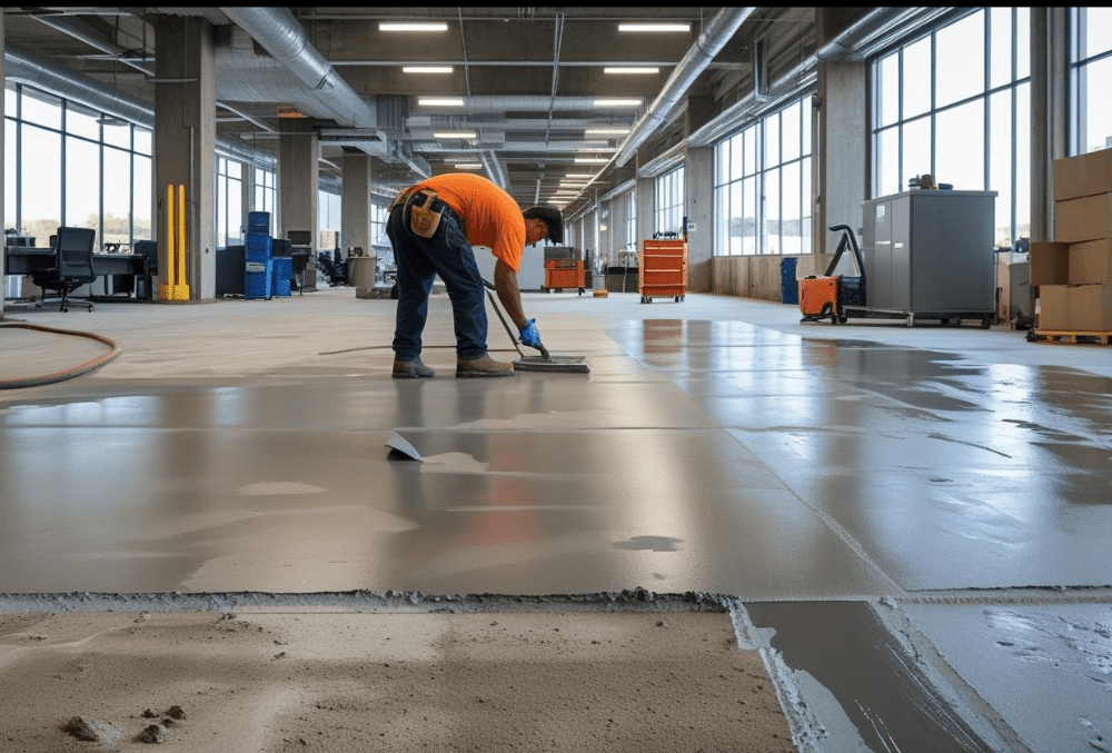 Contractor installing concrete floor in commercial space