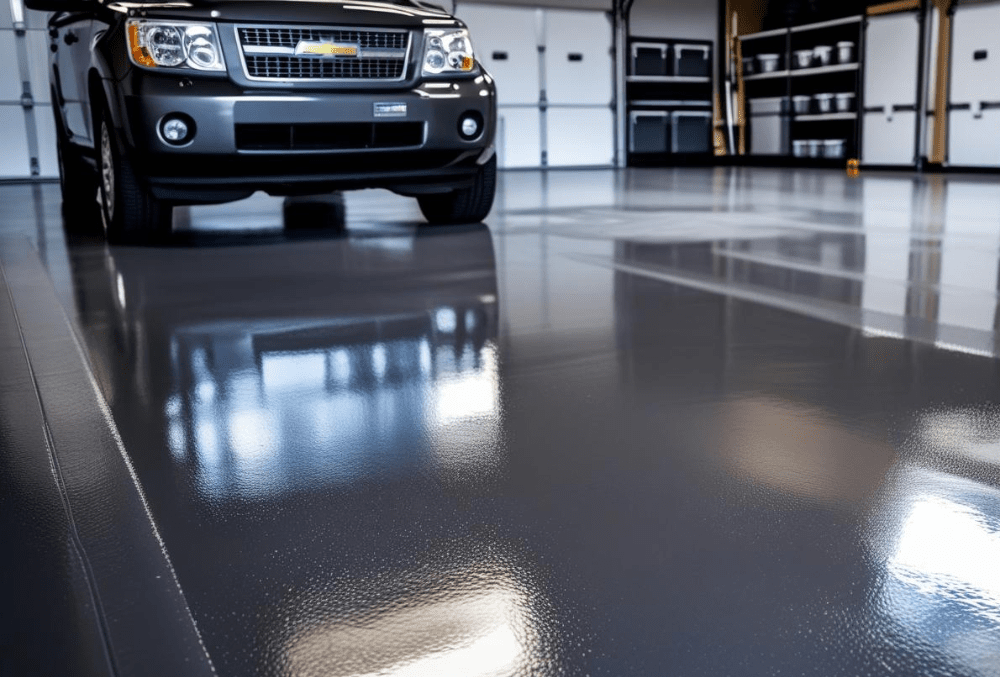 Garage with epoxy floor coating and parked SUV