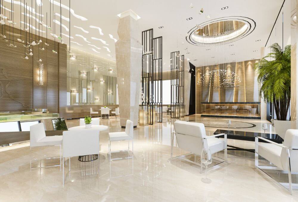 hotel reception lobby with luxurious chandeliers, elegant chairs and decors