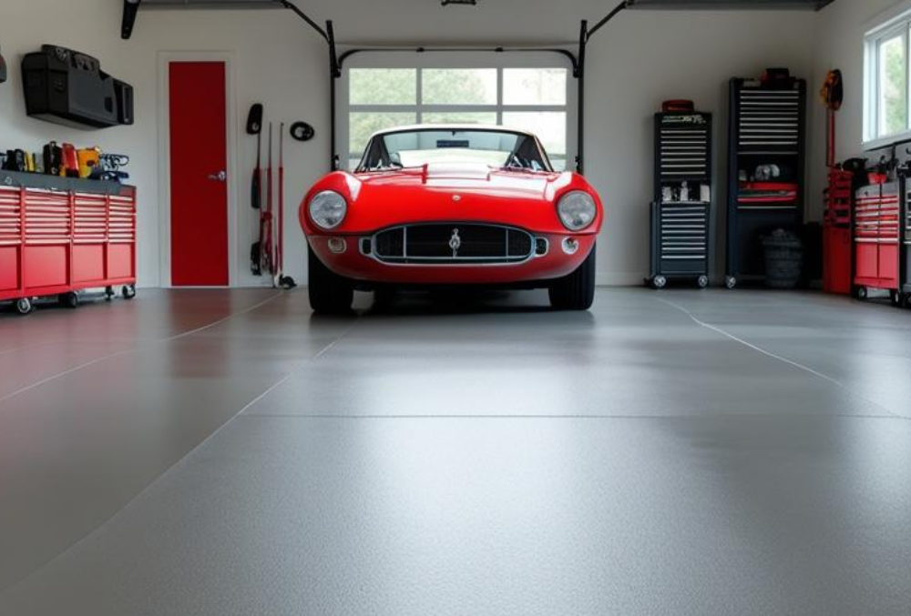 Red classic car on coated garage floor with tools and cabinets