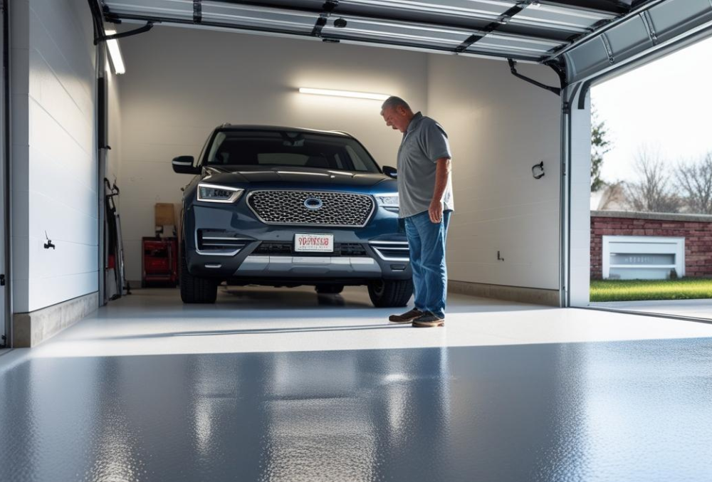 Man inspecting coated garage floor with parked SUV and outdoor view