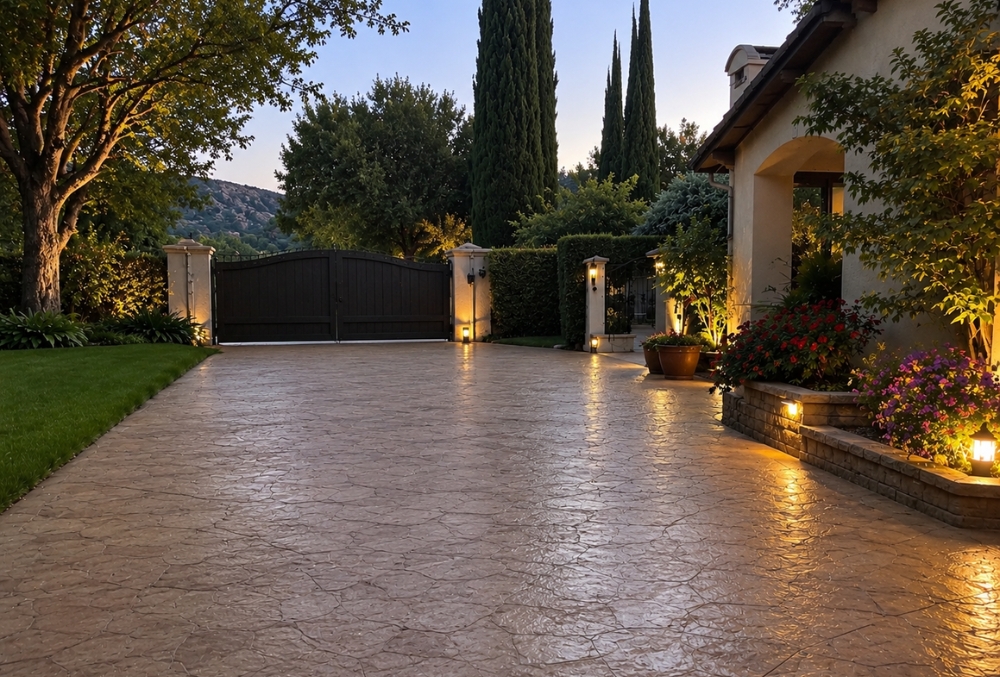 decorative concrete driveway with lighting